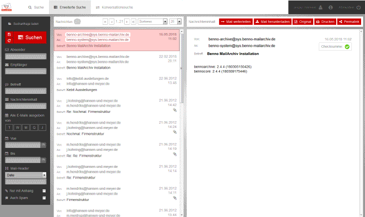 Benno MailArchiv Weboberfläche DSGVO und GoBD Konform